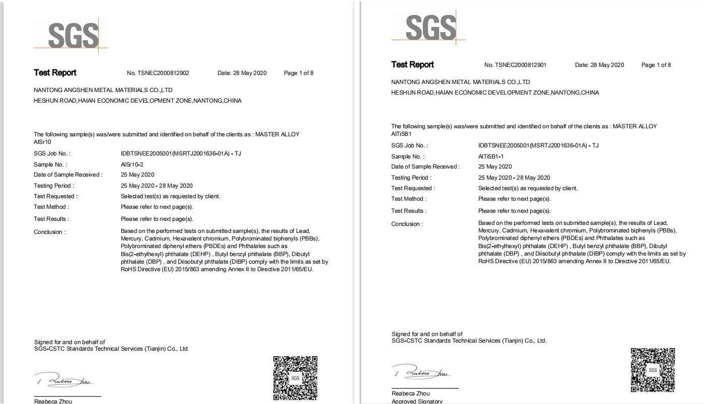 Aluminum master alloy AlTi5B1 and AlSr10 of NANTONG ANGSHEN METALS CO. LTD. passed ROHS Directive (EU) test